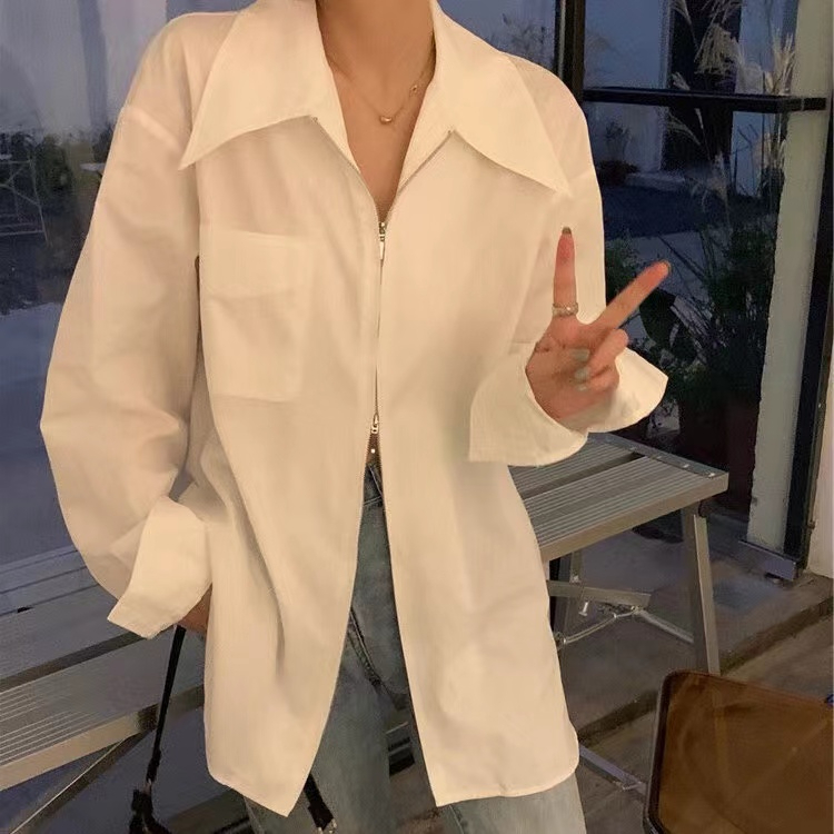 法式設計感拉鏈白色POLO領長袖襯衫女裝春季小眾內搭襯衣打底上衣