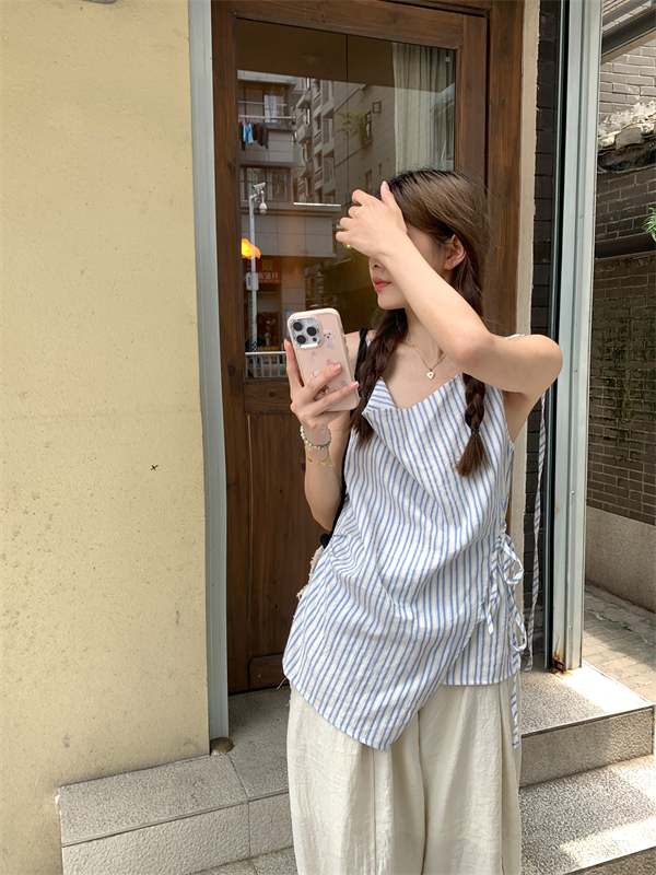 實拍夏日藍白條紋不對稱綁帶吊帶背心