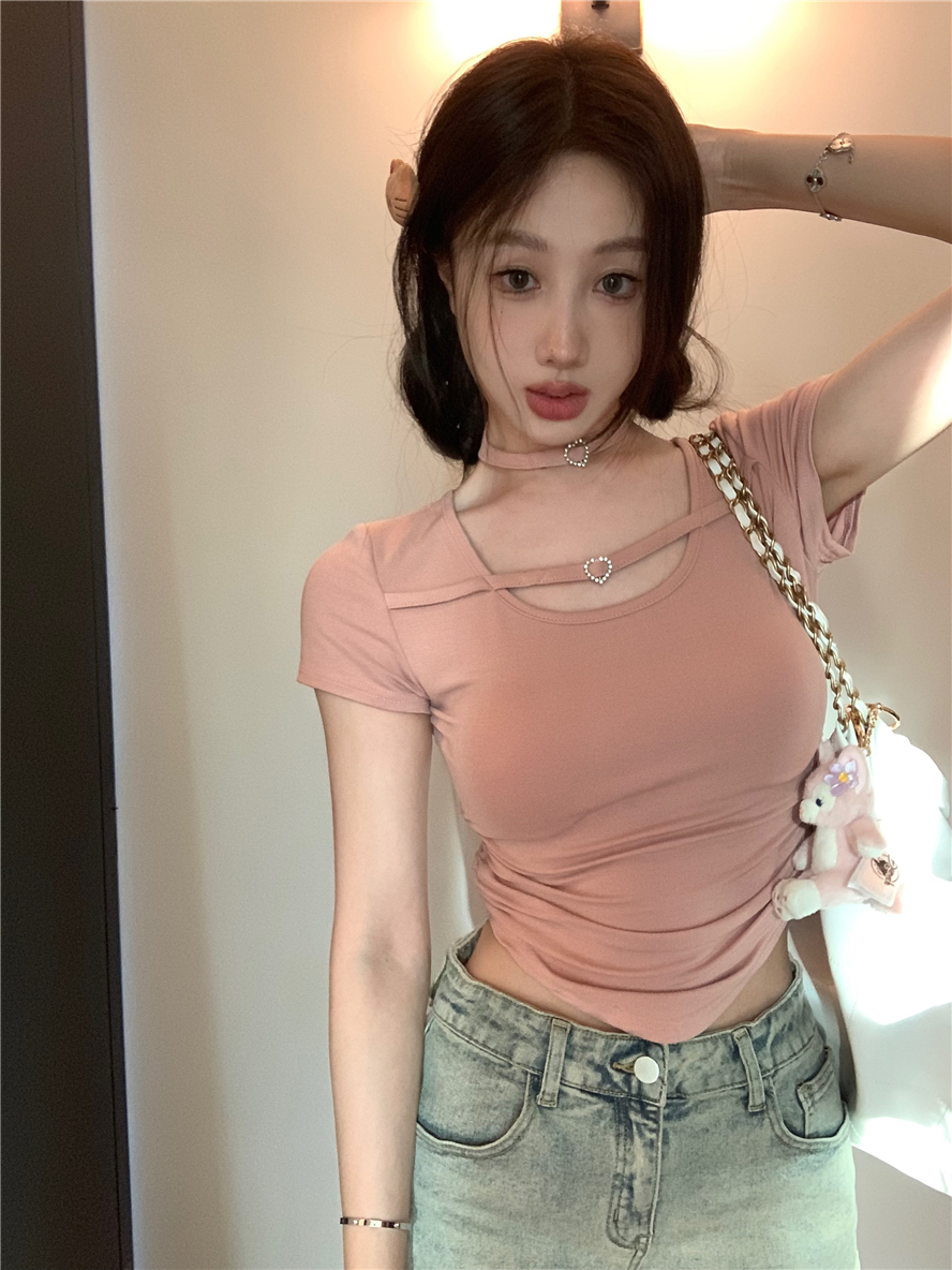 實拍  純欲風辣妹U領短袖T恤小心機設計感修身顯瘦上衣