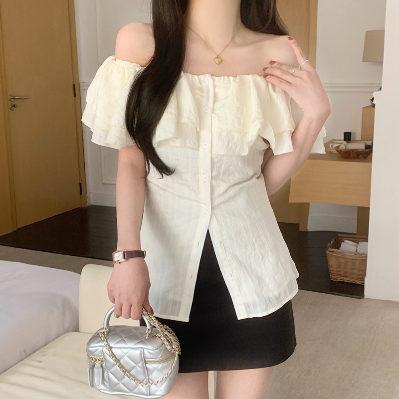 實拍法式荷葉邊一字肩襯衫女夏季收腰顯瘦掐腰小眾設計感露肩上衣