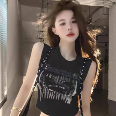 INS American Retro Butterfly Personalized Letter Print Top Women's Fringe Design Sensory Sleeveless Backless Short T-Shirt Summer