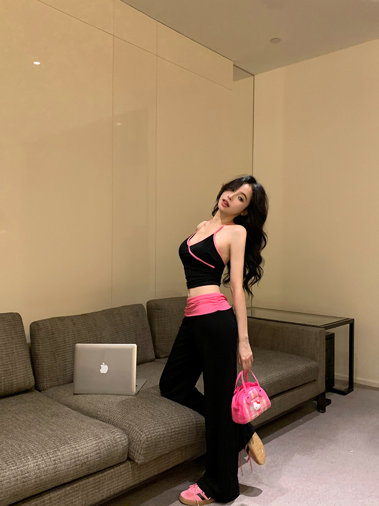 實拍 Pink粉黑 柔軟高彈性掛脖上衣 長褲