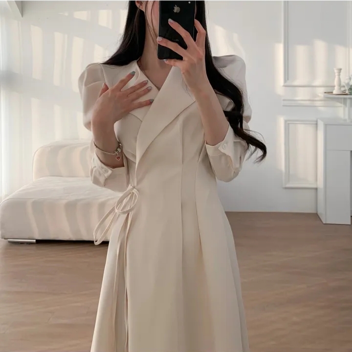 Size update chic spring and autumn French light luxury fashion cross-tie design waist lapel long-sleeved dress