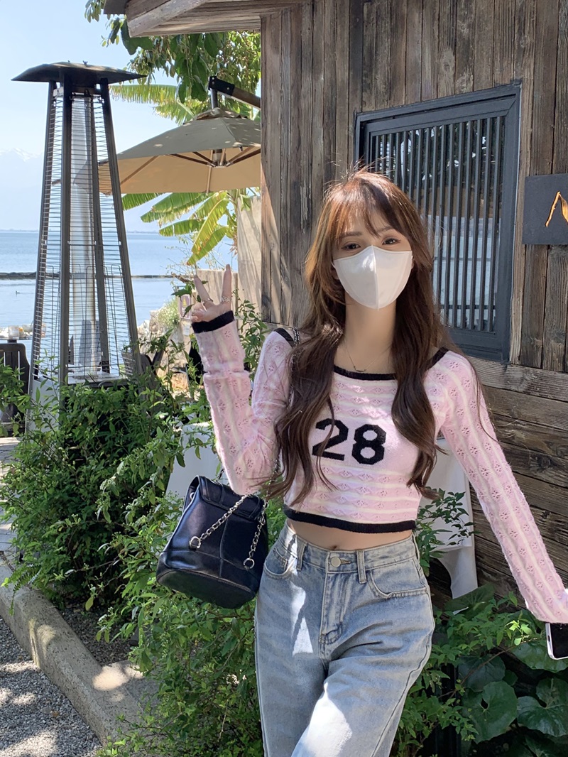 實拍  初春一字肩粉色少女針織上衣