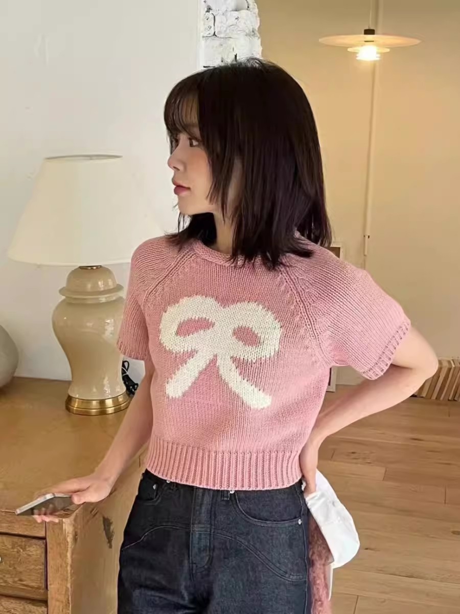 韓國東大門減齡少女感可愛蝴蝶結提花針織上衣圓領短袖套頭毛衣女