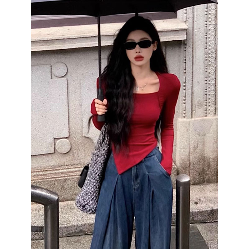 純欲風辣妹不規則修身長袖T恤女秋冬百搭別致緊身顯瘦打底衫上衣