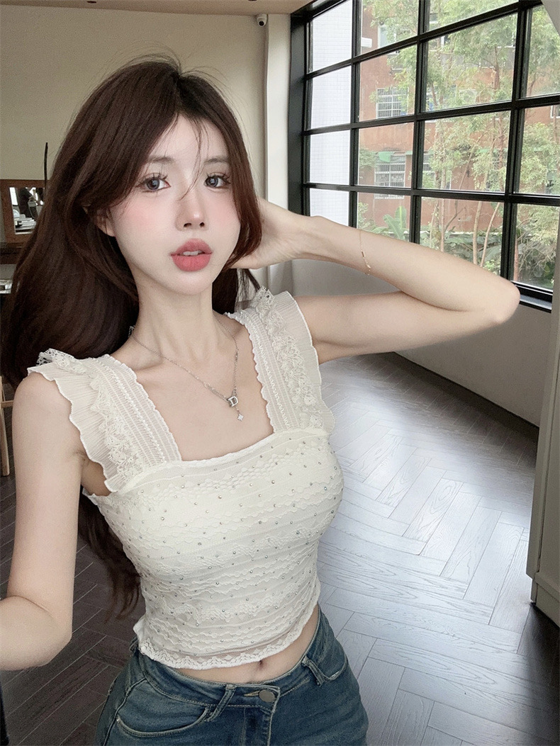 2024春季款亮鑽蕾絲邊吊帶背心女短款修身小眾設計感純欲辣妹上衣