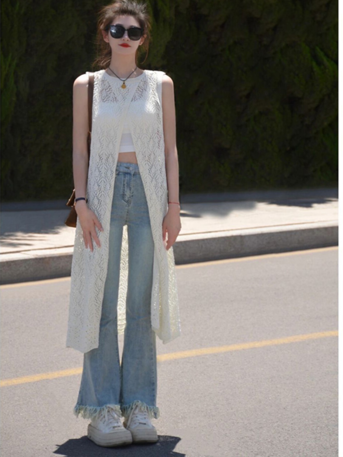 Spring and summer CHUNXIA white cool ins style knitted blouse 2024 new Korean style loose crochet versatile top for women