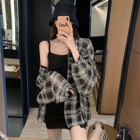 格子襯衫女春夏薄款學生寬鬆韓版雪紡上衣中長款防曬襯衣ins外套