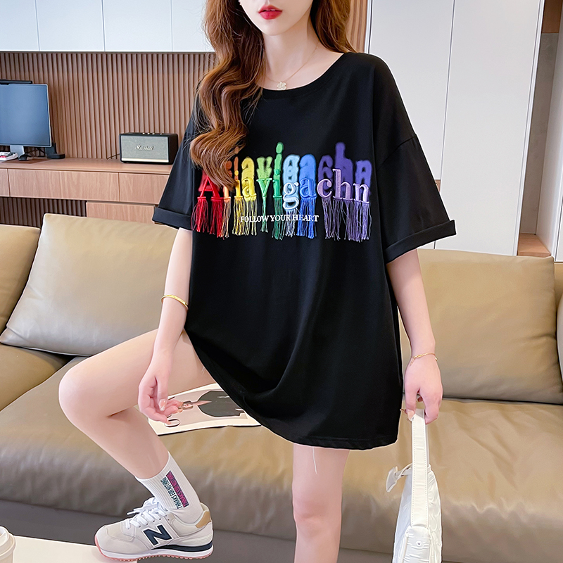 | 實拍 100%純棉 | 後包領 夏韓版中長款重工刺繡短袖T恤女