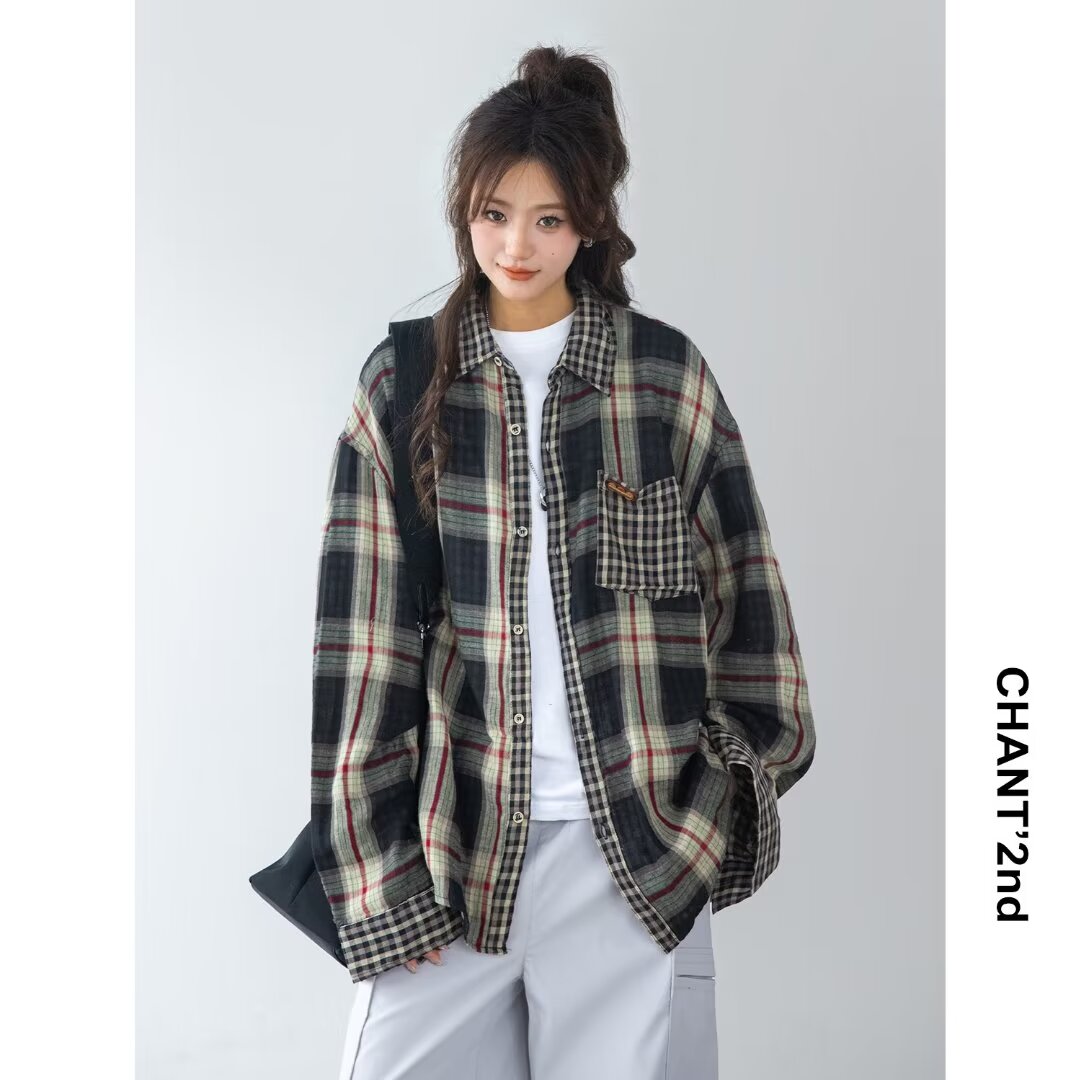 美式復古格子襯衫女春秋款小眾高級感拼接休閒長袖襯衣外套