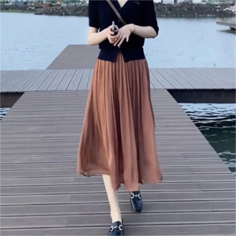 High-end French streamer gauze skirt for women 2024 summer new milk pearl skirt temperament willow wrinkle skirt