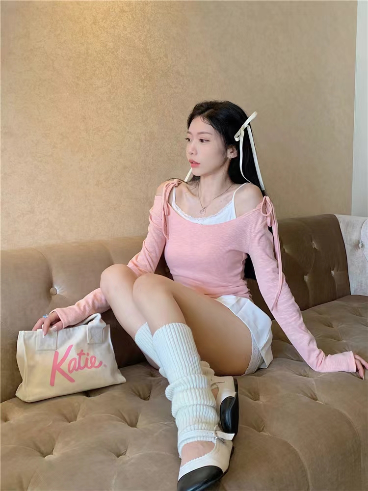 芭蕾減齡顯瘦上衣女內搭打底衫短款長袖t恤