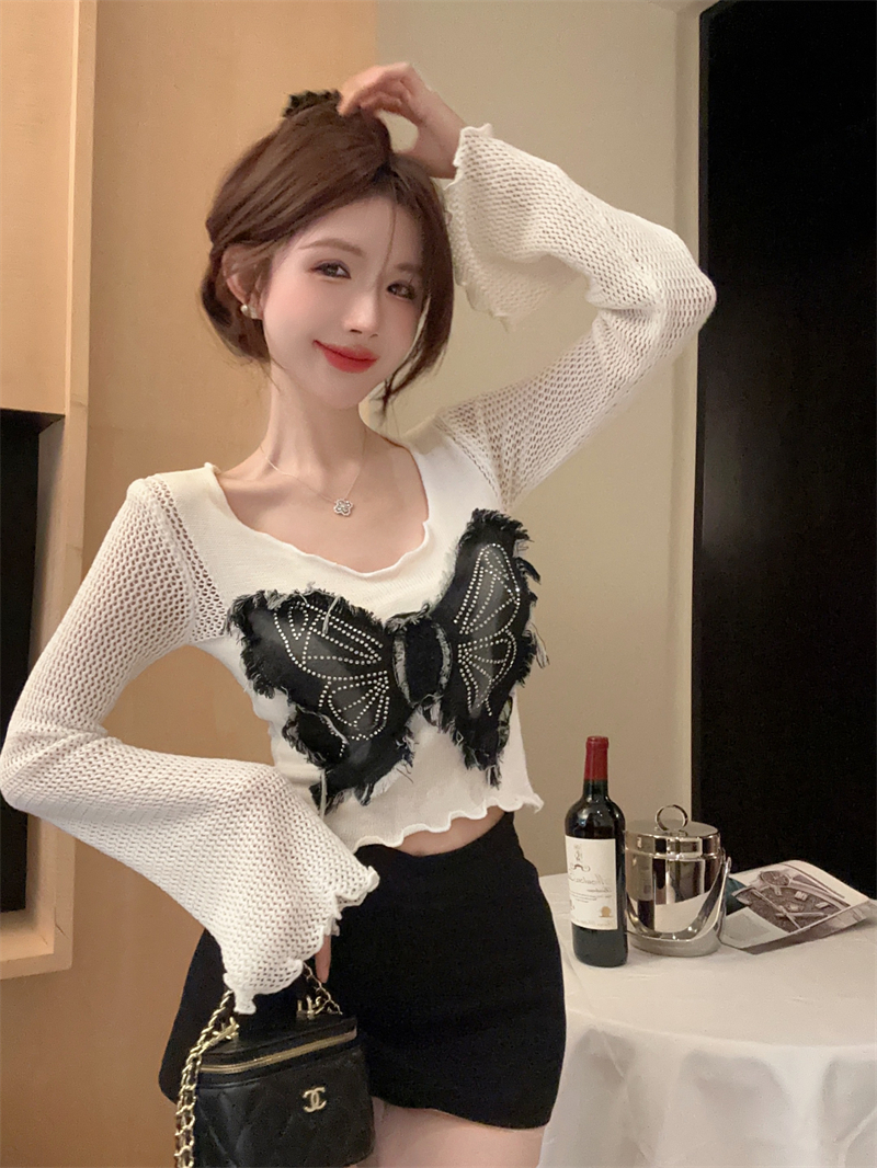 Real shot of American retro hot diamond butterfly hottie long-sleeved sweater top