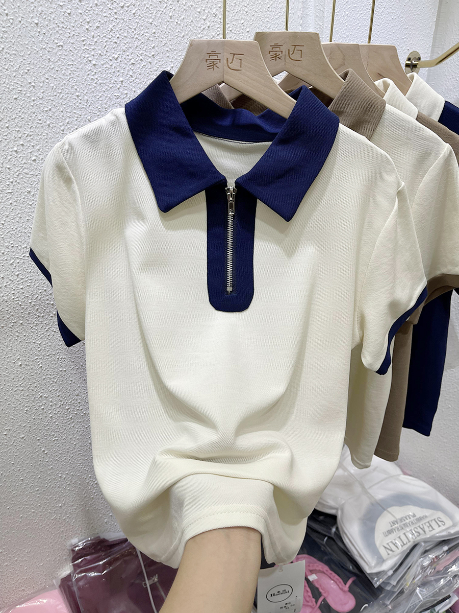 正肩撞色polo衫短袖t恤女裝夏季新款設計感小眾顯瘦休閒短款上衣