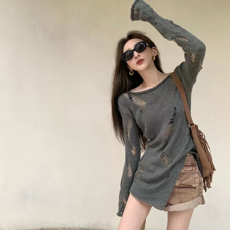 Irregular hollow knitted sweater for women in autumn, tulle sun protection blouse, mid-length loose slit, chic top