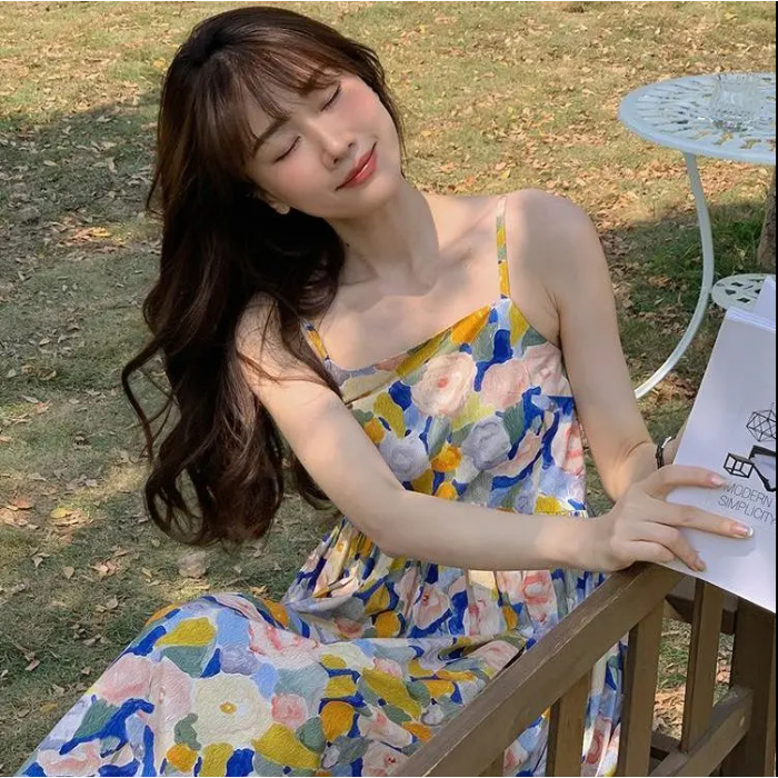 瞌兔碎花吊帶裙夏季復古甜美溫柔風度假沙灘裙小個子長款連衣裙