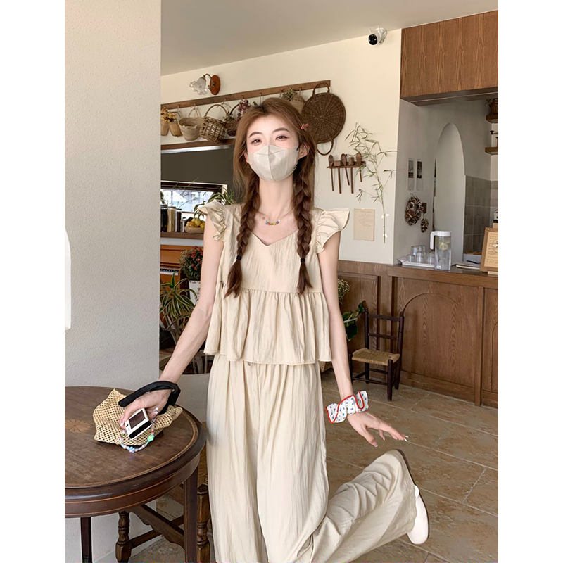 鹽系穿搭小飛袖短款娃娃衫上衣高腰休閒闊腿褲女夏季新款時尚套裝