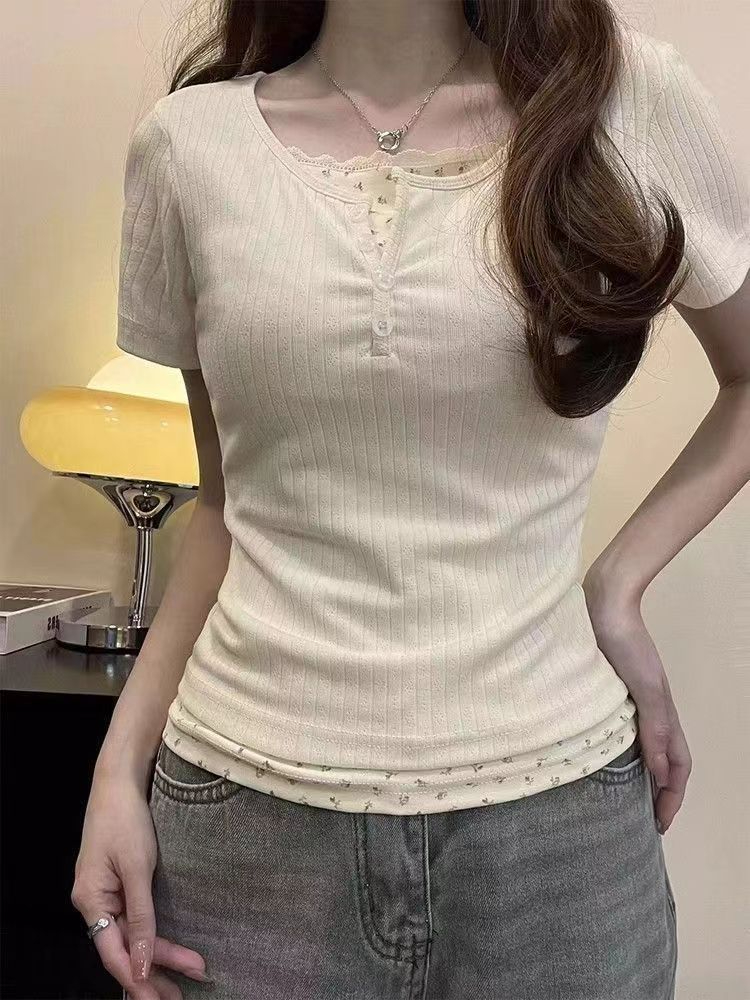 顯瘦碎花假兩件短款上衣女打底衫純欲風別致小眾T恤女