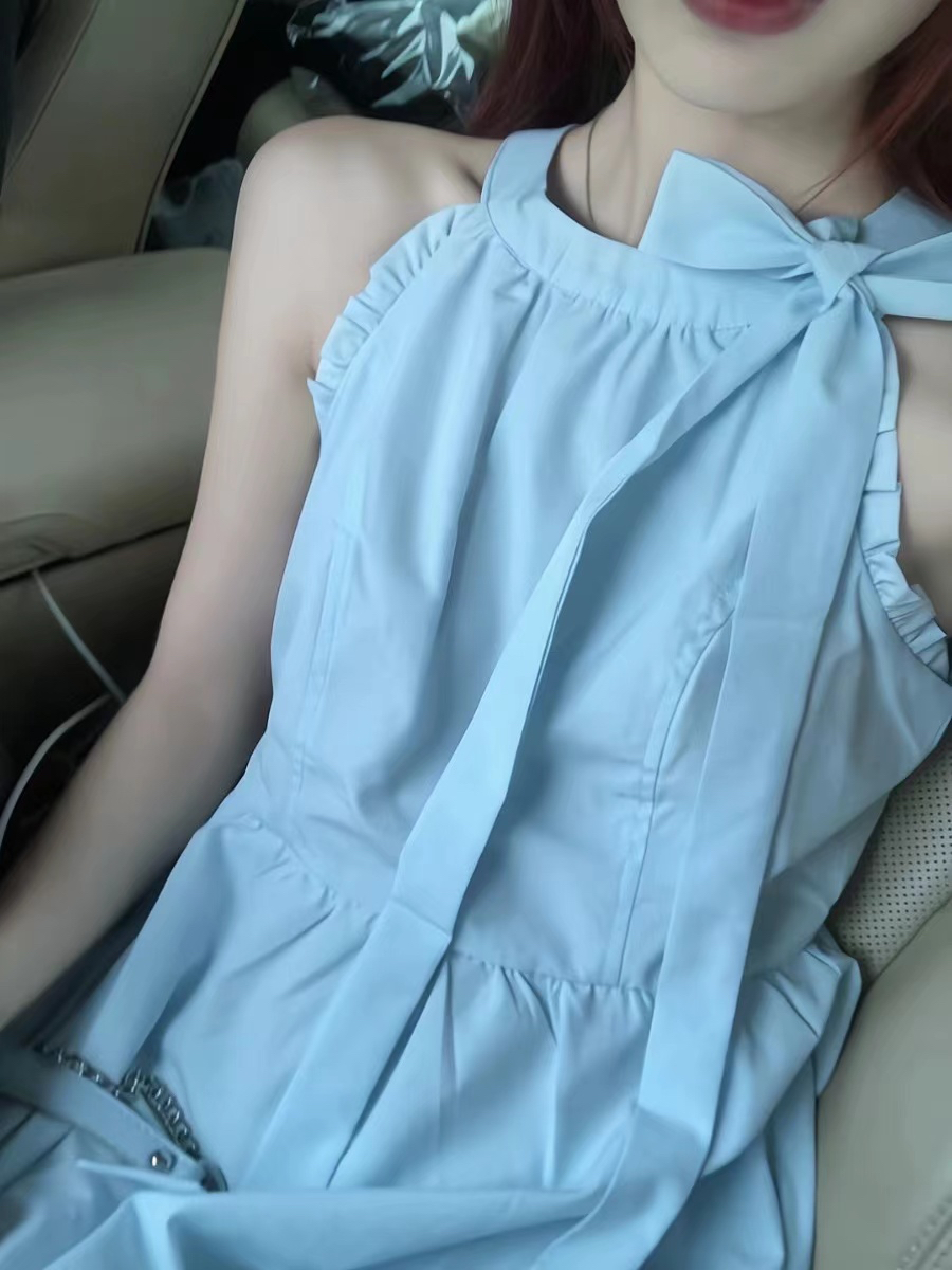 氣質溫柔小清新仙女純欲法式多巴胺連衣裙藍色掛脖連衣裙