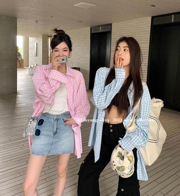 區區歐陽summer懶懶衫條紋襯衫女夏季設計感小眾長袖防曬襯衣
