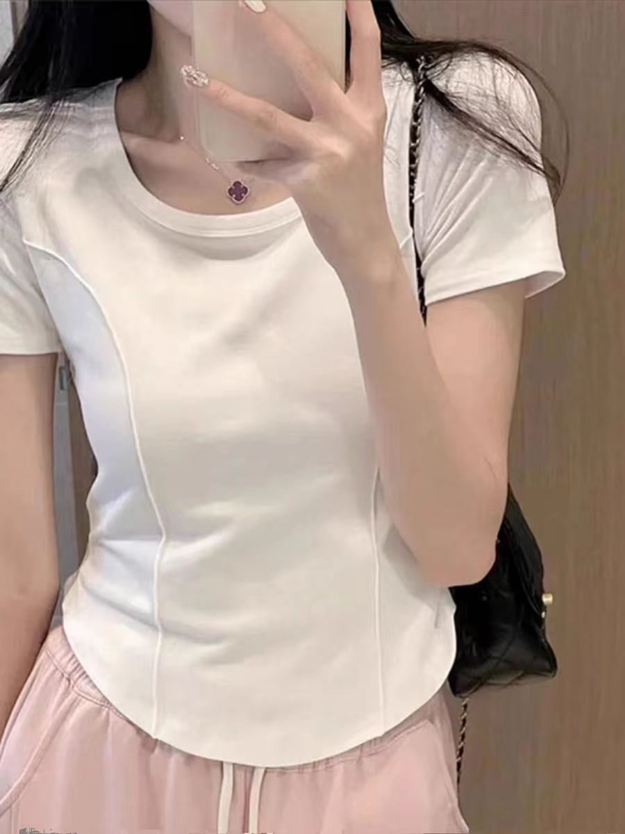 韓系簡約風正肩短袖t恤女夏季新款設計感小眾修身顯瘦短款上衣
