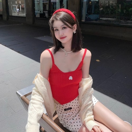 NIMO WANGClean fit红色吊带背心女春夏季修身针织短款上衣