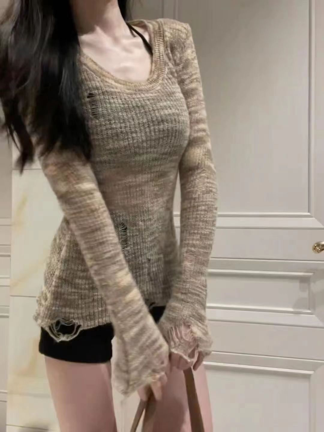 美式辣妹破洞長袖針織衫女春夏季純欲修身顯瘦毛衣內搭打底衫上衣