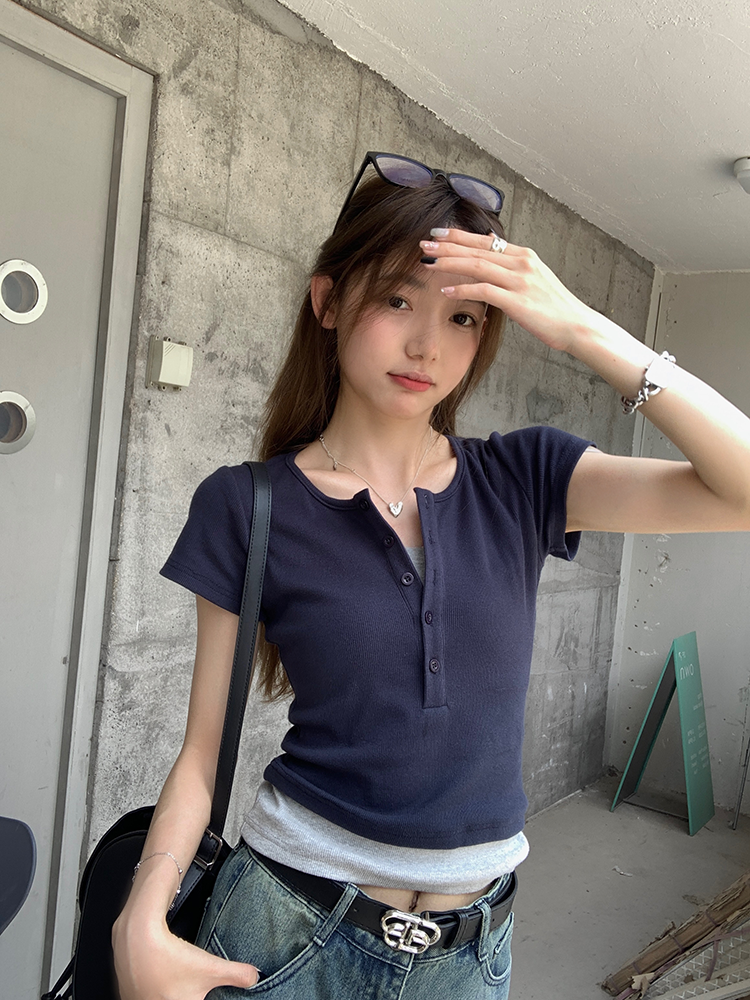 已出貨 韓版撞色拼接假兩件短袖美式復古小個子百搭顯瘦上衣純色