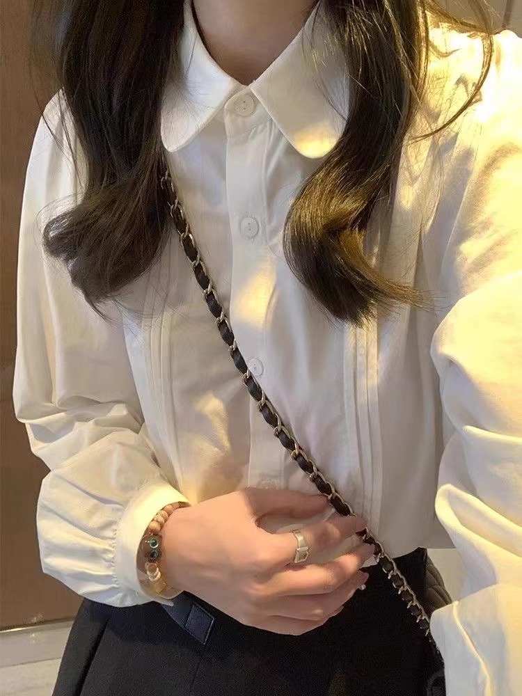 娃娃領白色襯衫女2024春季新款疊穿內搭風琴褶襯衣學院風長袖上衣