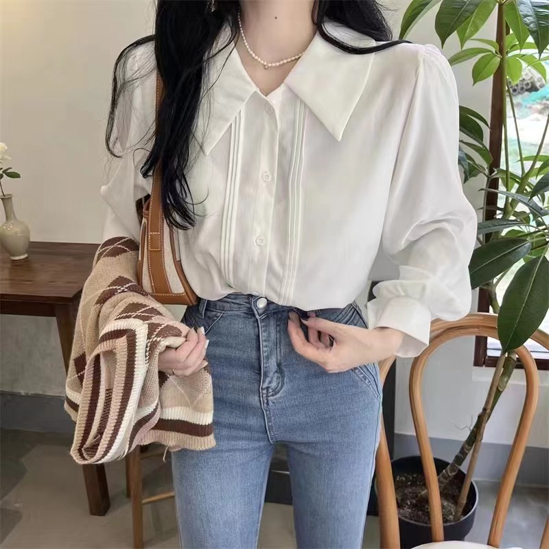 法式翻領垂感白襯衫女設計感小眾寬鬆上衣氣質復古泡泡袖襯衣薄款