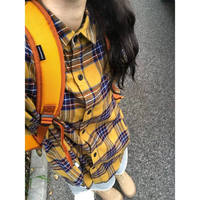 港風復古黃色格子襯衫女春秋新款寬鬆休閒高級感內搭疊穿襯衣外套