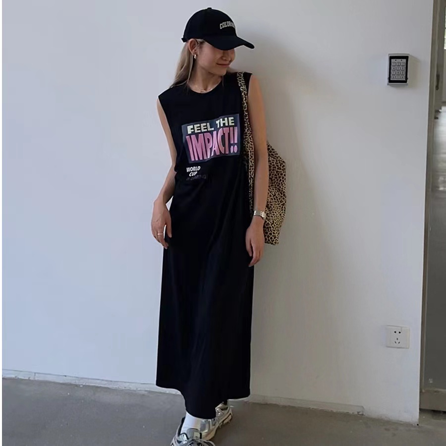 仿棉牛奶絲# 夏季新款無袖T恤長裙慵懶風個性甜酷上衣女背心裙