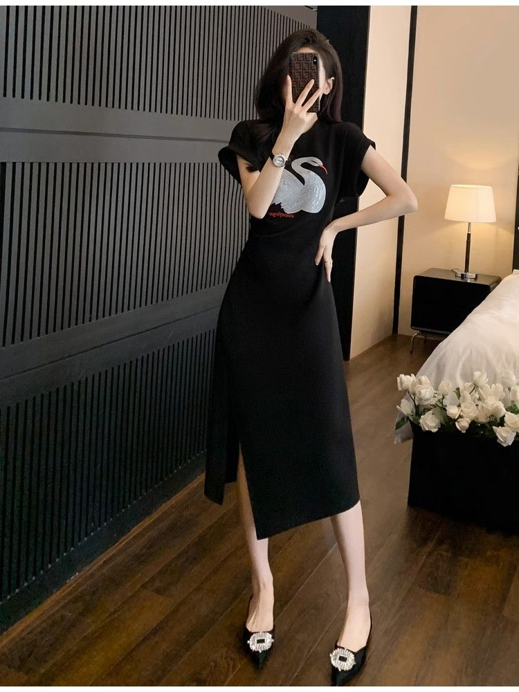 法式氣質連衣裙女夏褶皺收腰遮肚顯瘦設計感小眾粉色T恤裙高級感
