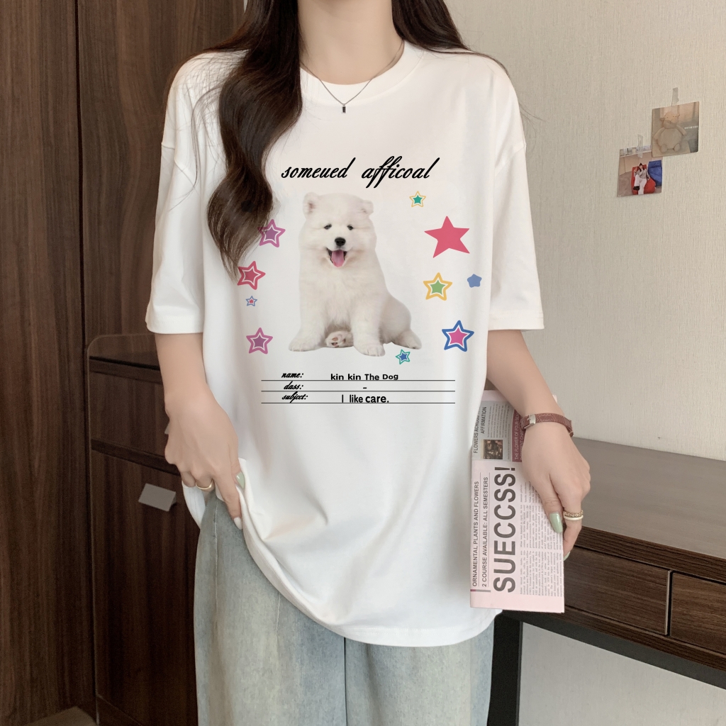 實拍韓版通勤個性可愛圖案印花上衣女夏季休閒寬鬆圓領小眾短袖女