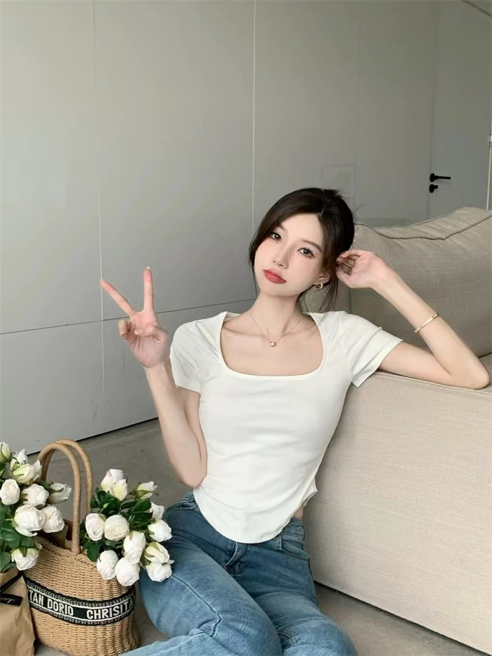 韓系簡約風方領短袖正肩T恤女夏季甜辣妹弧形下擺修身短款上衣