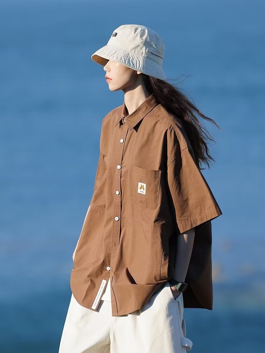新款工裝短袖襯衫男女夏季復古寬鬆女生襯衣外套女款衣服
