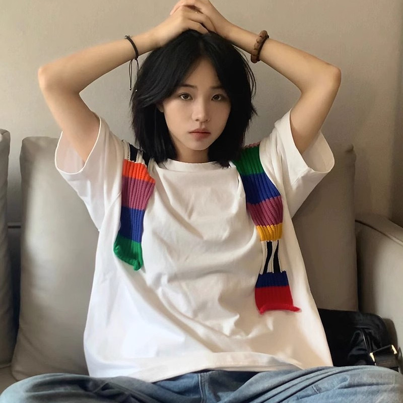 天貓質量 夏季新款小眾趣味設計感純棉港風寬鬆短袖T恤女潮上衣