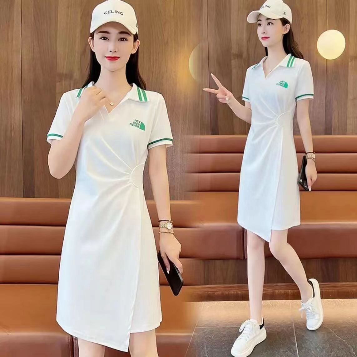 新款夏季時尚女裝百搭寬鬆連衣裙過膝POLO衫短袖翻領中長裙子女夏