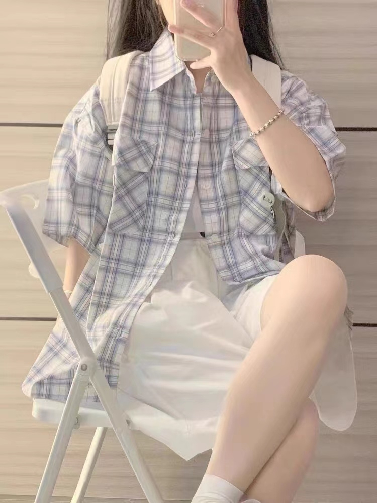 原版色織布 中性風藍色格子襯衫女夏款襯衣短袖日系風格穿搭上衣