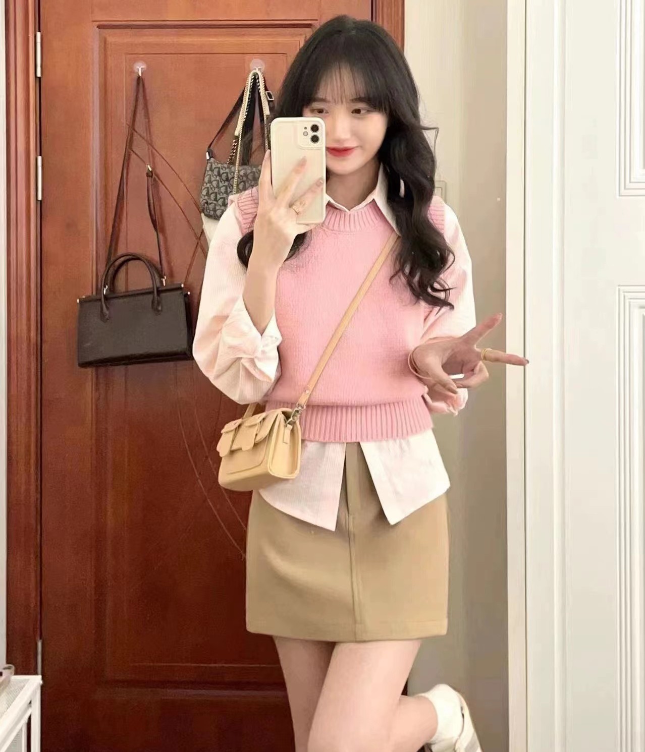 減齡奶乖學院風套裝時尚韓版上衣疊穿短款軟糯粉色馬甲襯衫三件套