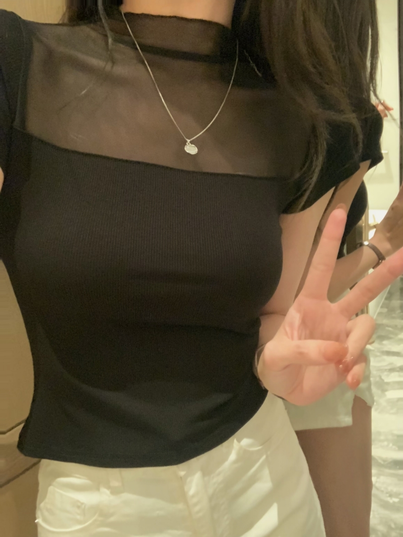 實拍  40支純棉 2024夏裝辣妹風短袖T恤女修身網紗拼接