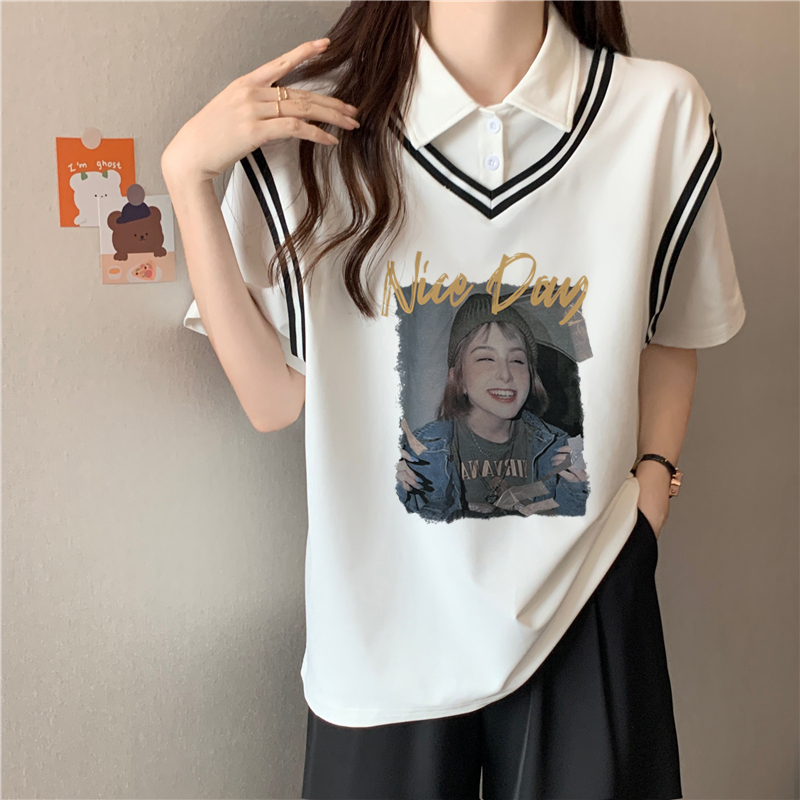 實拍100聚酯纖維夏季新款寬鬆大碼韓版Polo假兩件短袖t