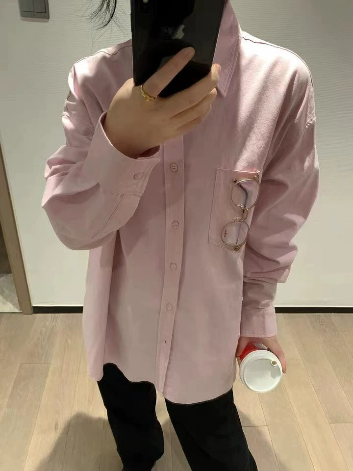 新品早秋藕粉色純棉襯衫女內搭外穿小眾設計感長袖上衣小個子襯衣