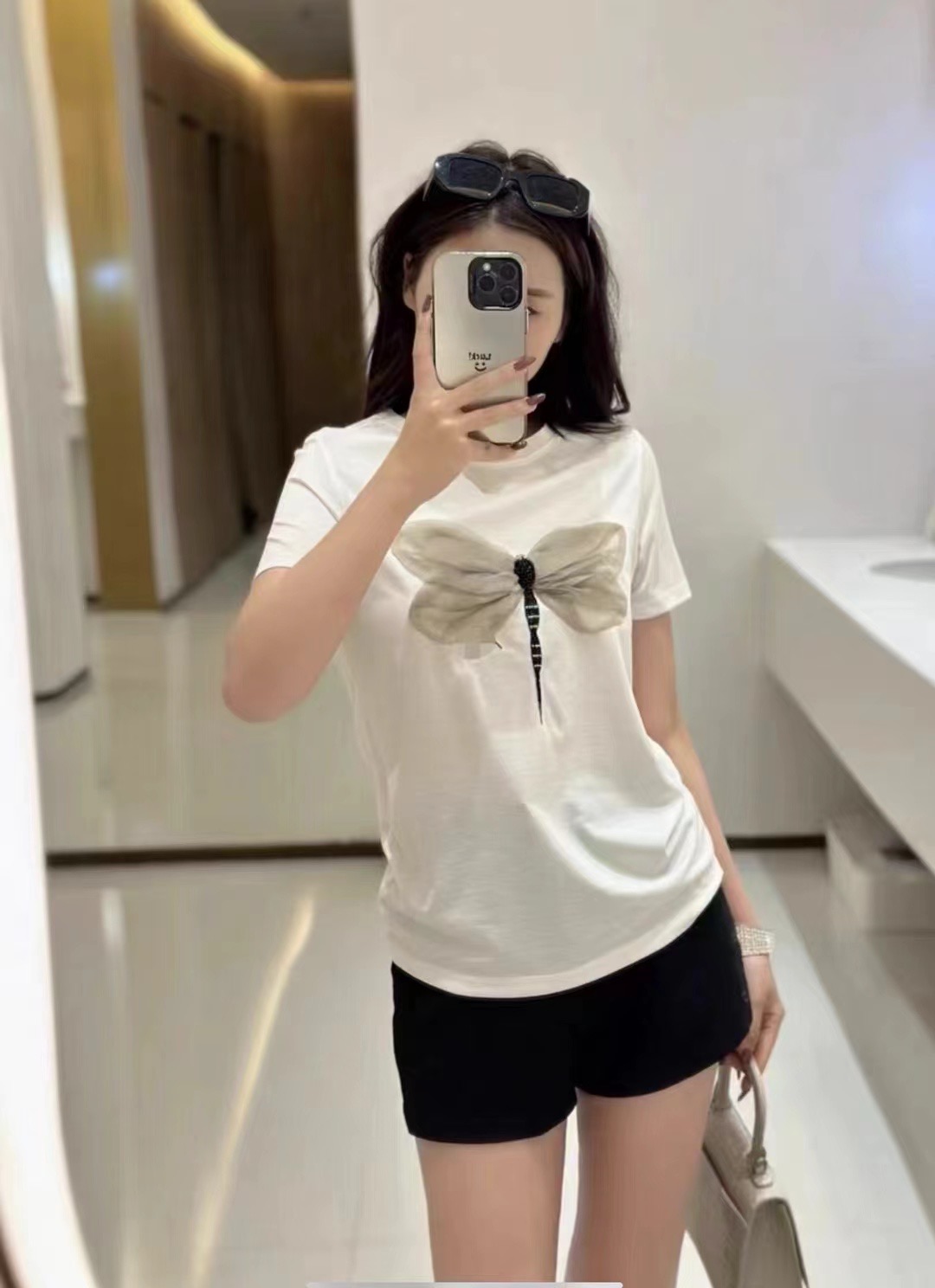 歐貨圓領立體蜻蜓短袖t恤女2024春夏絲光棉刺繡設計感休閒丅恤女