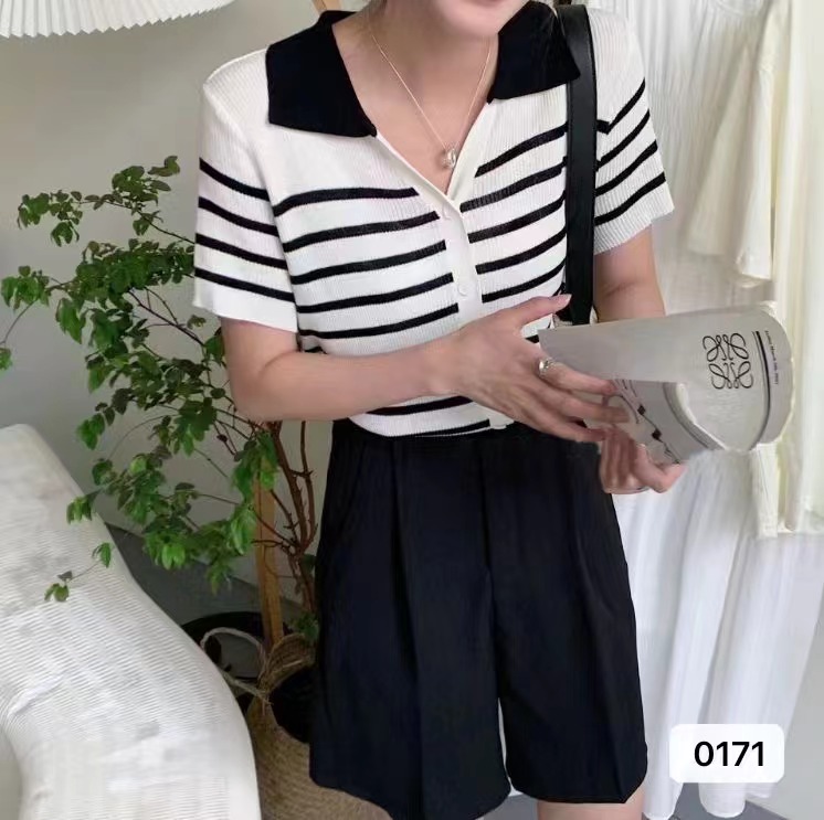 夏季新款法式溫柔風polo領撞色條紋開衫短袖上衣女