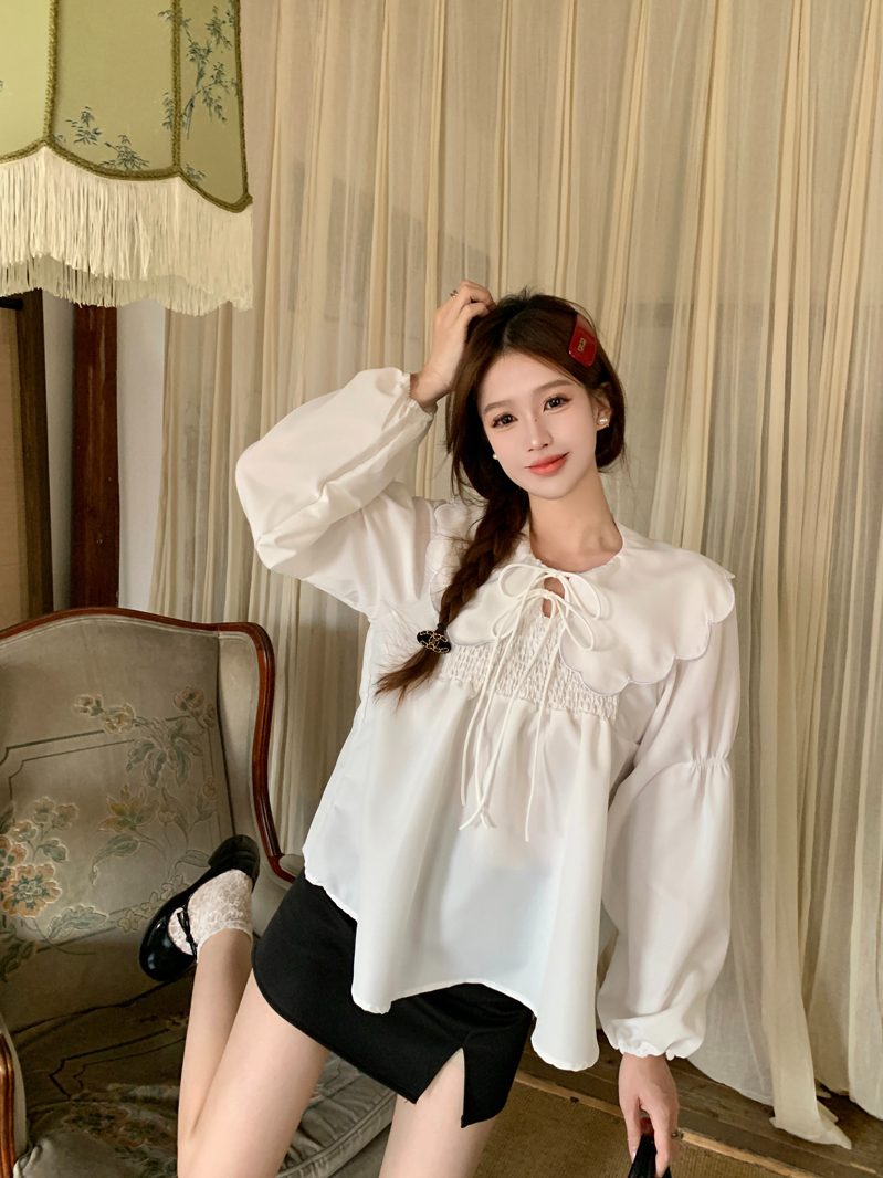 韓版復古甜美少女寬鬆系帶娃娃領襯衫2024春季新款內搭外穿上衣服