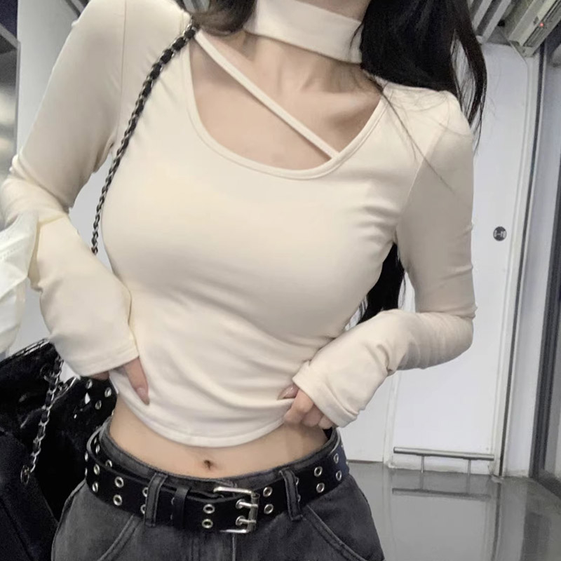 純欲風掛脖修身打底衫女春秋新款長袖內搭正肩T恤上衣
