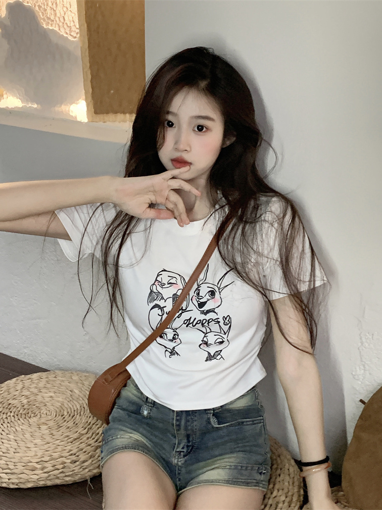 已出貨 韓版修身顯瘦卡通印花圓領短袖t恤女夏短款上衣夏季T恤