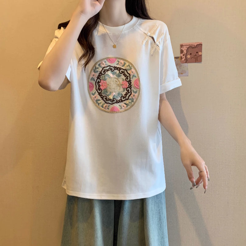 純棉2024夏季新款胖mm大碼國潮簡約中國風新中式套頭短袖T恤